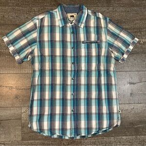 Men's Casual Plaid Shirt - Teal and White